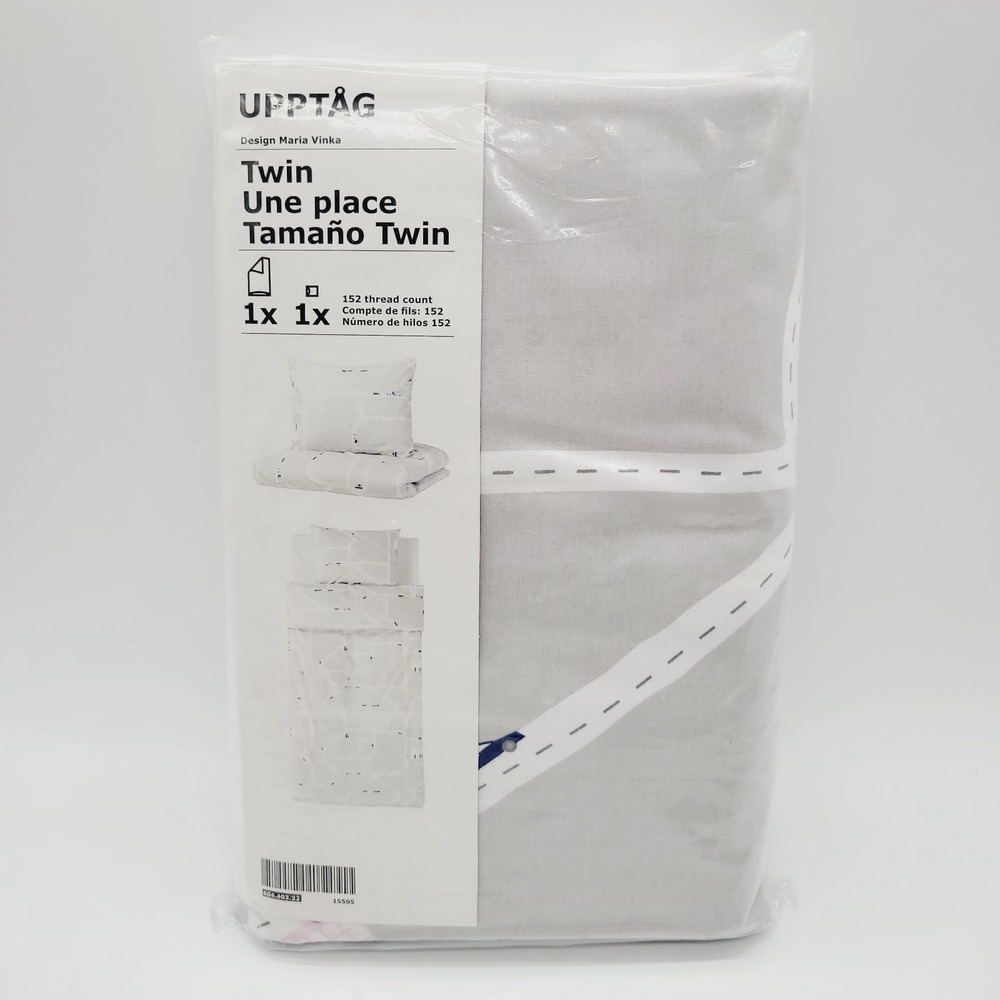 Ikea Upptag Duvet Cover and Pillowcase Cars Roads Pattern Gray Twin 604.403.22